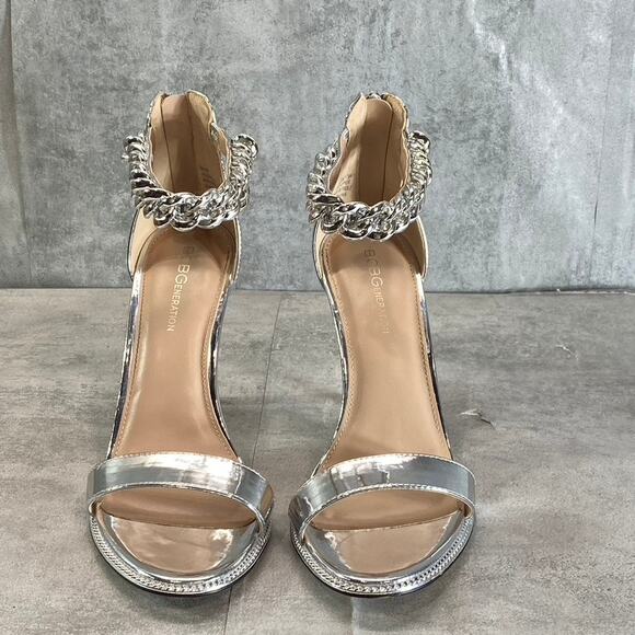 BCBGENERATION Women's Silver Jadia Chain Detail Ankle Strap Dress Sandals SZ 9 - Picture 2 of 9